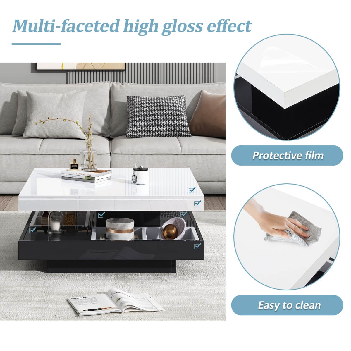 360° Rotating Coffee Table – High Gloss Storage Table with Compartments, Marble Effect