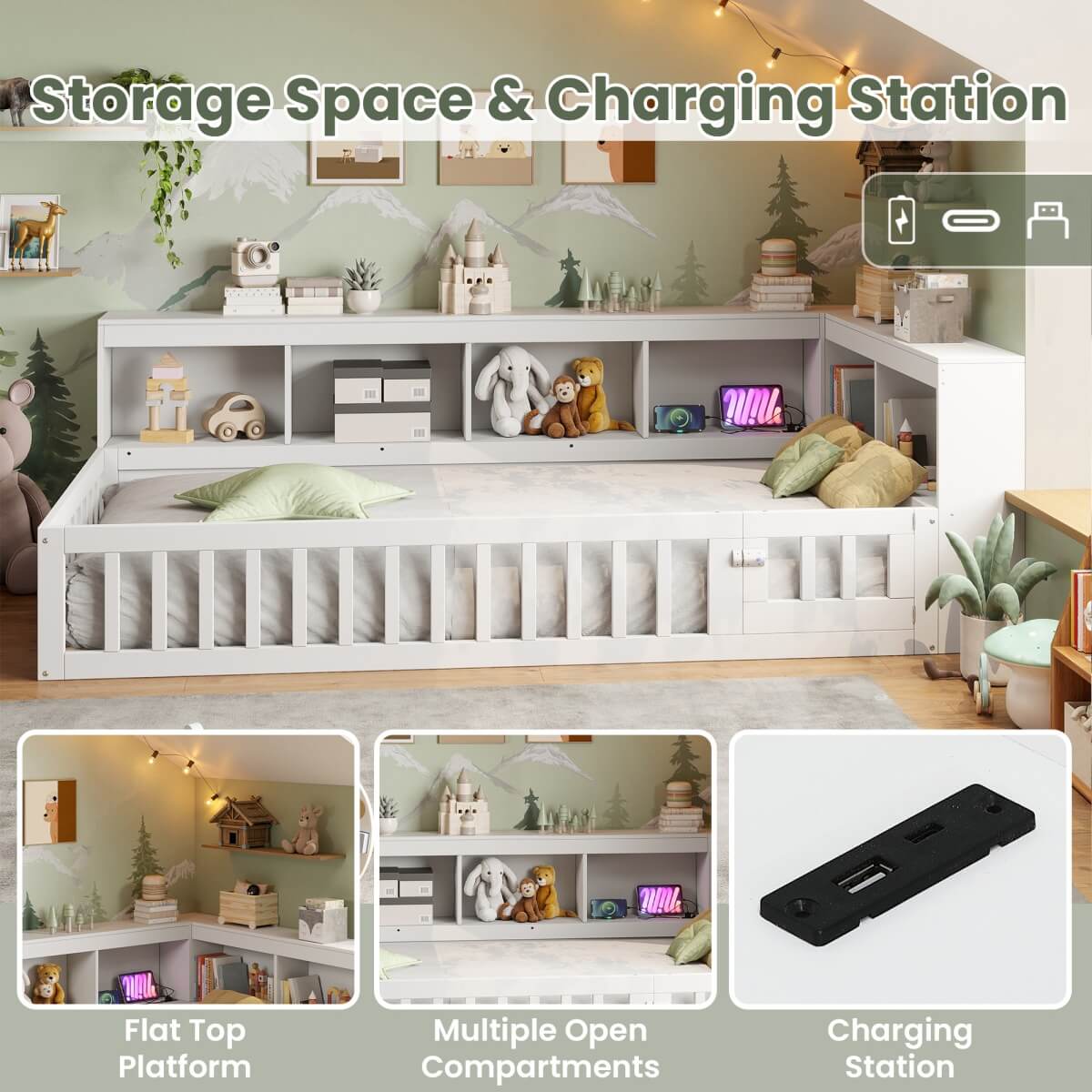 3ft Single Floor Bed Frame with Bookcase & Storage Shelves - Full Floor Bed with Guardrails, Door & USB/Type-C Ports, White