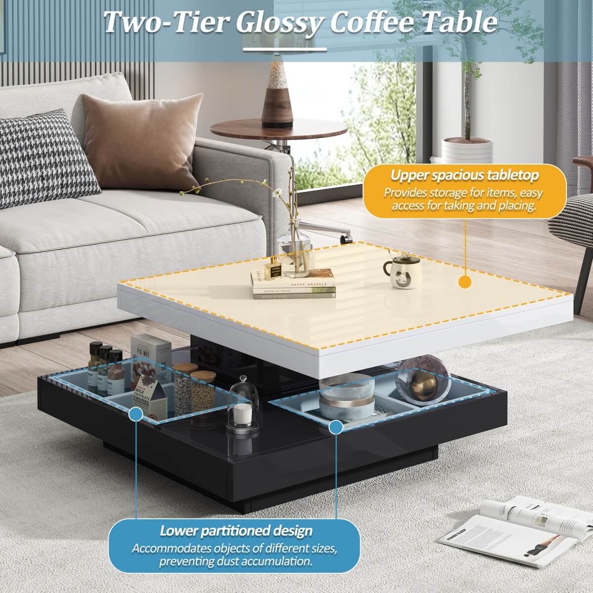 360° Rotating Coffee Table – High Gloss Storage Table with Compartments, Marble Effect