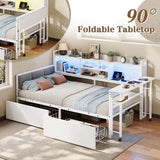 3ft Single Metal Bed Frame with Storage Drawers and Bookcase - L-Shaped Storage Bed with LED Lights, Charging Station, Linen Headboard and 90-Degree Folding Table, White