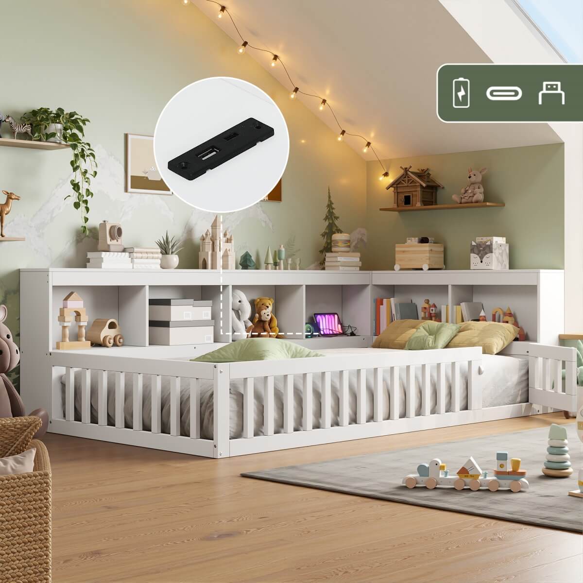 3ft Single Floor Bed Frame with Bookcase & Storage Shelves - Full Floor Bed with Guardrails, Door & USB/Type-C Ports, White