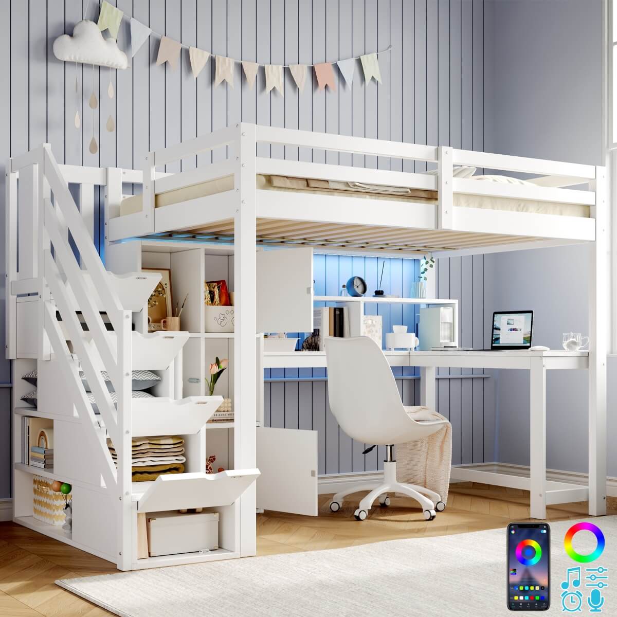 3ft Single Wooden Loft Bed with L-Shaped Desk - Kids Bed Frame with Storage Stairs, RGB LED Lights, Open Shelves and Built-In Storage Cabinet, Space-Saving Design, White