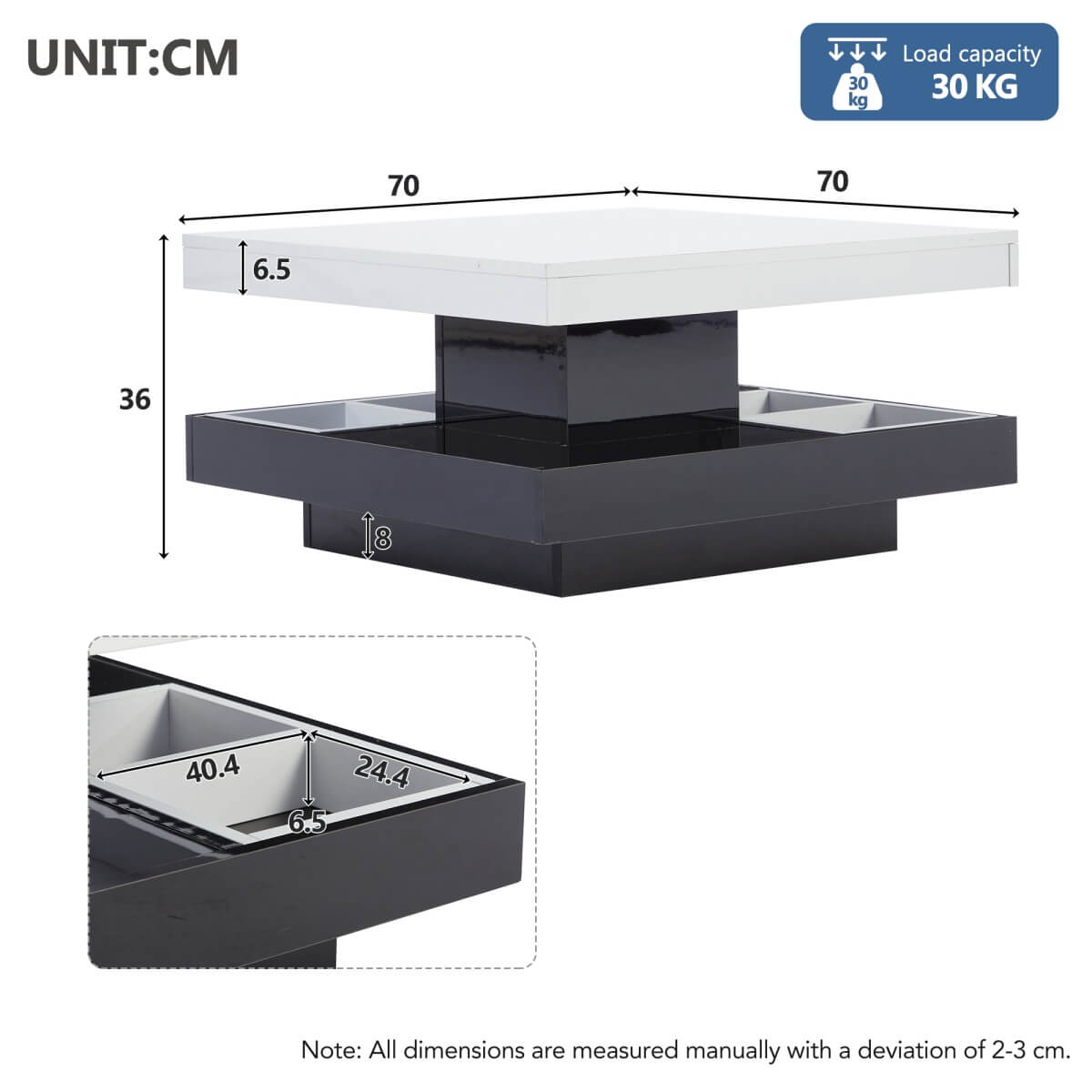 360° Rotating Coffee Table – High Gloss Storage Table with Compartments, Marble Effect