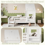 3ft Single Wooden House Bed - Star-Shaped Roof, Low-Level Stairs, Window and Built-In Bookcase, White