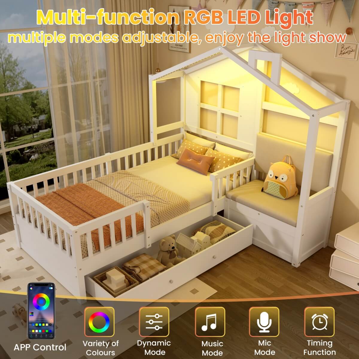 3ft Single Wooden House Bed - Upholstered Linen Headboard, Large Storage Drawer, RGB LED Lights and Safety Guard Rail, White