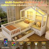 3ft Single Wooden House Bed - Upholstered Linen Headboard, Large Storage Drawer, RGB LED Lights and Safety Guard Rail, White