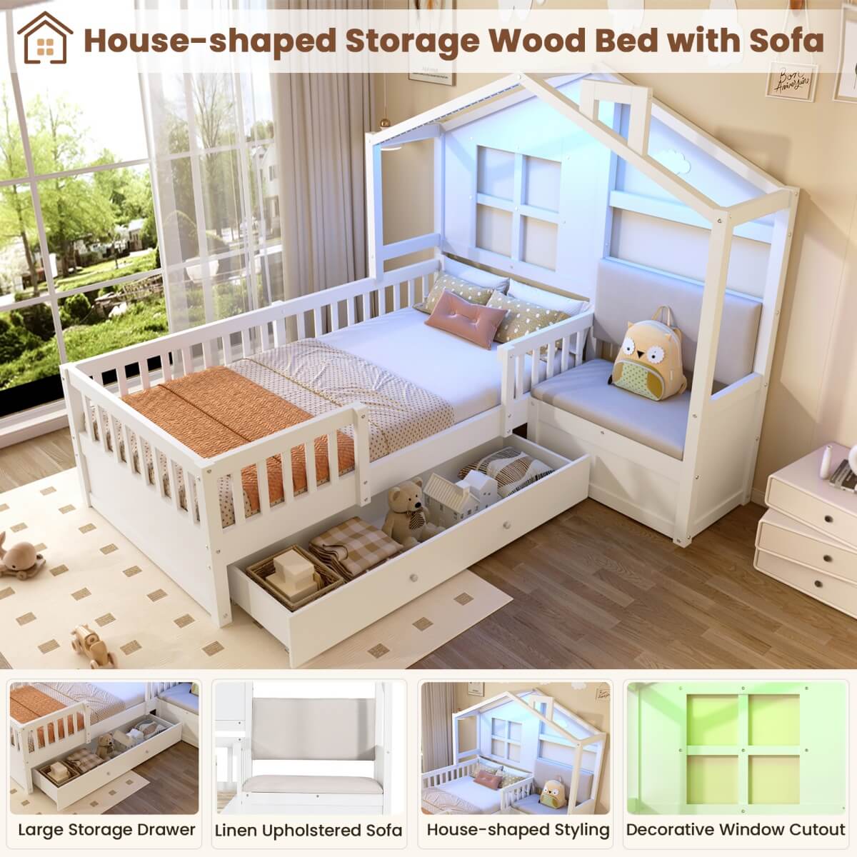 3ft Single Wooden House Bed - Upholstered Linen Headboard, Large Storage Drawer, RGB LED Lights and Safety Guard Rail, White