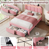 4ft6 Double Velvet Bed Frame with LED Wavy Headboard - Upholstered Bed with Storage Drawers, Charging Station, Pink