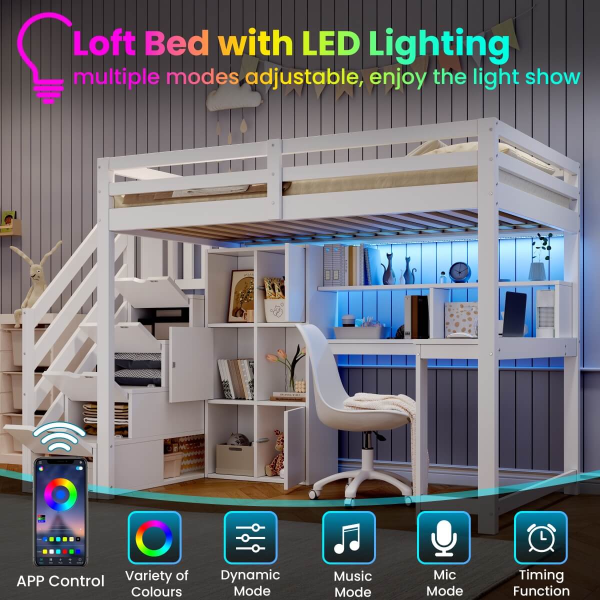 3ft Single Wooden Loft Bed with L-Shaped Desk - Kids Bed Frame with Storage Stairs, RGB LED Lights, Open Shelves and Built-In Storage Cabinet, Space-Saving Design, White