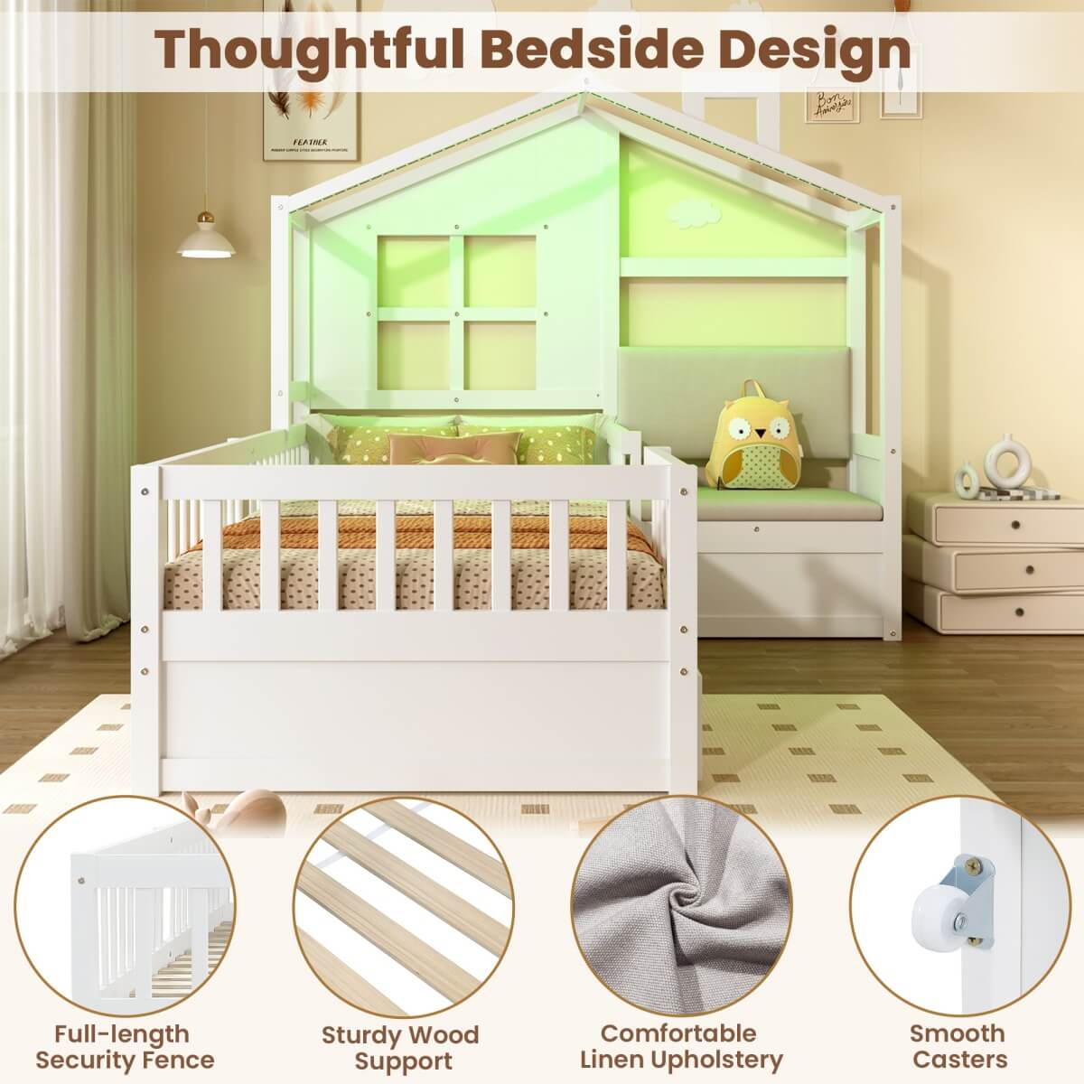 3ft Single Wooden House Bed - Upholstered Linen Headboard, Large Storage Drawer, RGB LED Lights and Safety Guard Rail, White