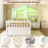 3ft Single Wooden House Bed - Upholstered Linen Headboard, Large Storage Drawer, RGB LED Lights and Safety Guard Rail, White