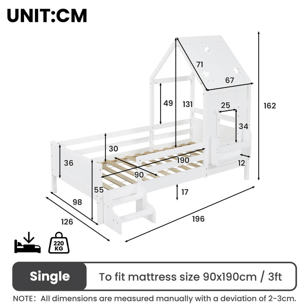 3ft Single Wooden House Bed - Star-Shaped Roof, Low-Level Stairs, Window and Built-In Bookcase, White