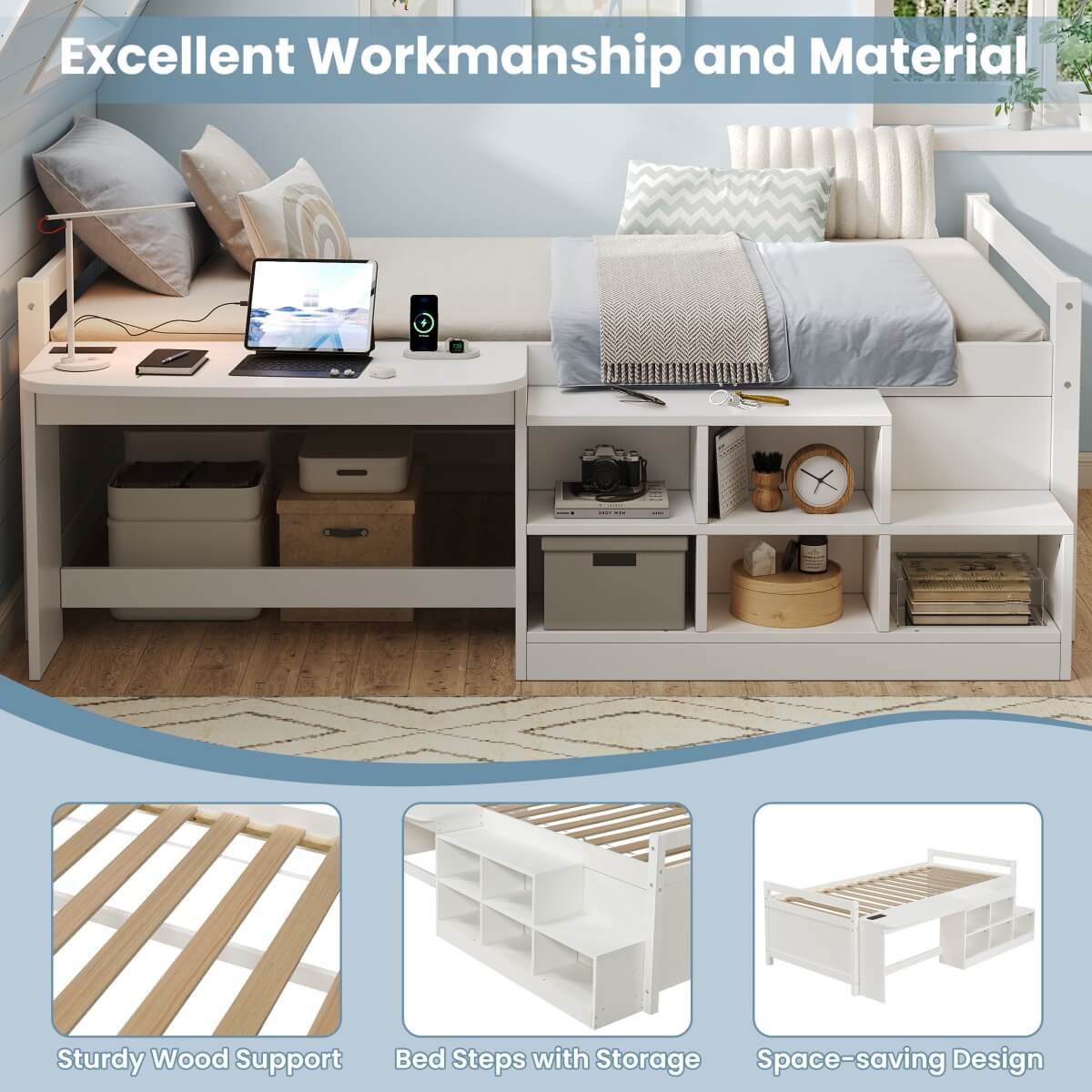 3ft Single Wooden Bed Frame with Storage - Modern Bed with Built-In Desk, Storage Compartments and USB and Type-C Charging Station, White