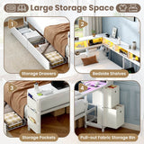 3ft Single Metal Bed Frame with Storage Drawers - LED Bed with Bedside Shelves, Charging Station, Built-In Desk and Fabric Storage Bin, White