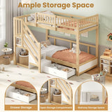 3ft Single over Single Wooden Bunk Bed - Storage Staircase with Open Compartments, Drawer Storage and Full-Length Safety Guard Rails, Natural Wood and White