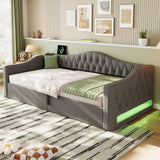3ft Single Upholstered Ottoman Daybed - Linen Sofa Bed with Hydraulic Storage, Button-Tufted Headboard and Charging Station, Grey