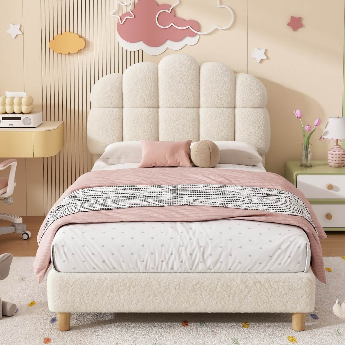 3ft Single Boucle Upholstered Bed Frame with Cloud-Shaped Headboard - Adjustable Headboard, Solid Wood Legs and Sturdy Support, No Box Spring Required, Cream White
