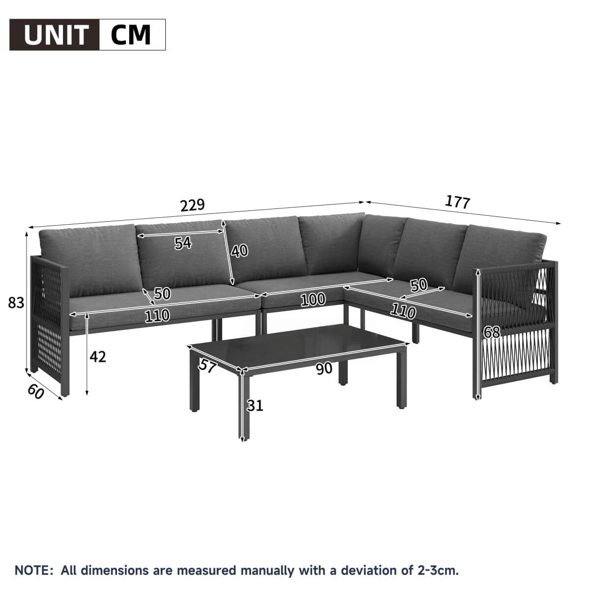 5-6 Seater Garden Corner Sofa Set - Outdoor Patio Furniture with Tempered Glass Coffee Table