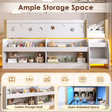 3ft Single Wooden Mid Sleeper Bed with LED Lights - Kids Bed Frame with Storage Stairs, Shelf, Under-Bed Space, Safety Guard Rails and Moon and Star Design, Natural Wood and White
