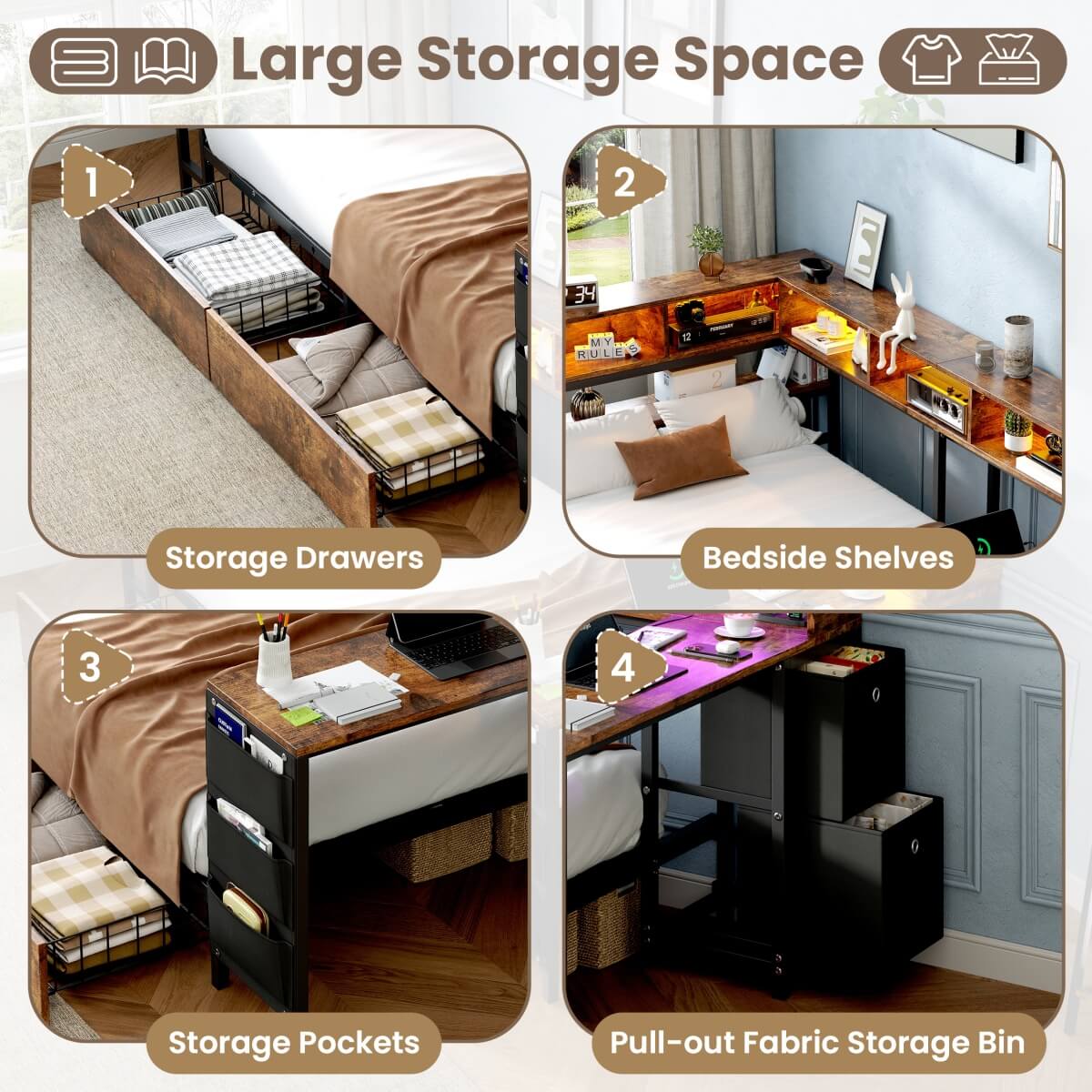 3ft Single Metal Bed Frame with Storage Drawers - LED Bed with Bedside Shelves, Charging Station, Built-In Desk and Fabric Storage Bin, Black and Dark Walnut