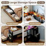 3ft Single Metal Bed Frame with Storage Drawers - LED Bed with Bedside Shelves, Charging Station, Built-In Desk and Fabric Storage Bin, Black and Dark Walnut