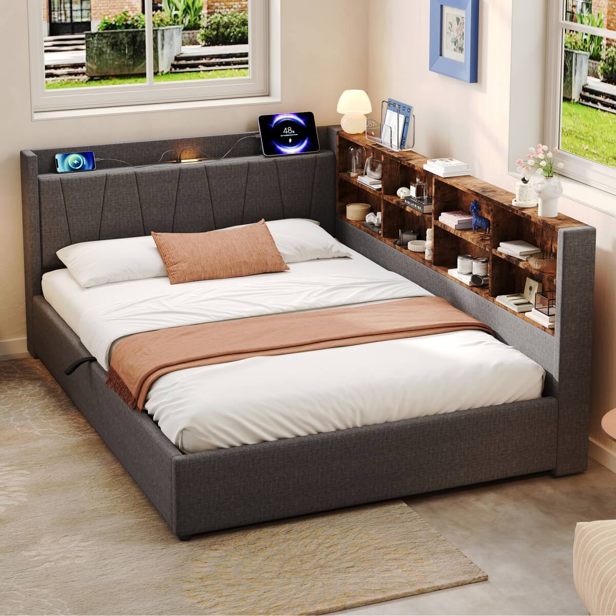 4ft6 Double Ottoman Bed Frame with Hydraulic Storage - Upholstered Linen Bed with LED Headboard, Charging Station, Bedside Shelves and Storage Compartments, Grey