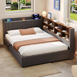 4ft6 Double Ottoman Bed Frame with Hydraulic Storage - Upholstered Linen Bed with LED Headboard, Charging Station, Bedside Shelves and Storage Compartments, Grey