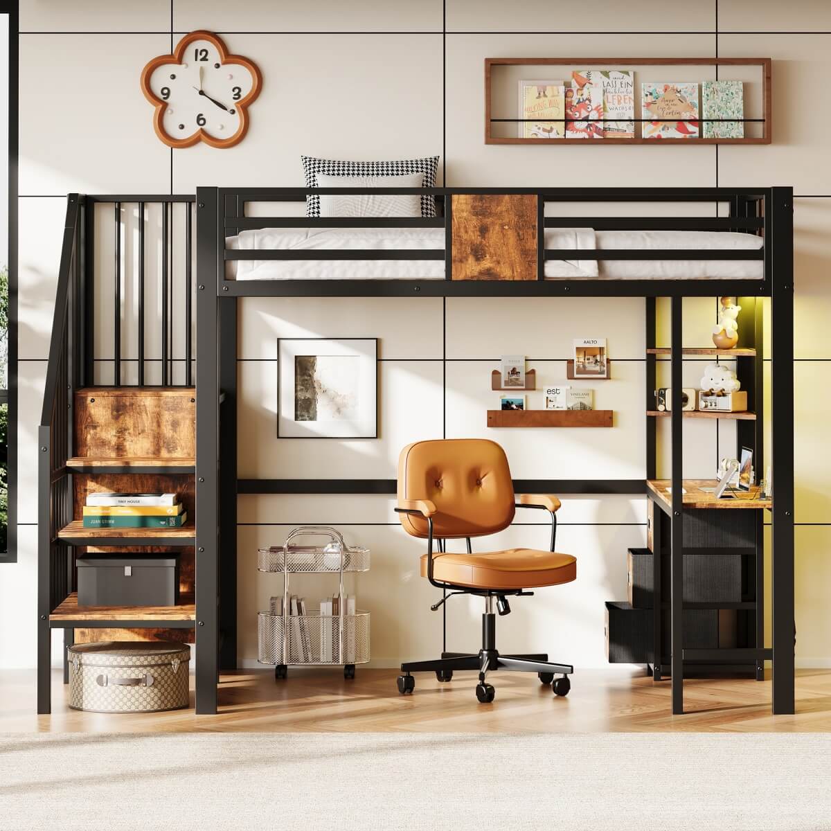3ft Single Metal Loft Bed with LED Lights - High Sleeper Bed Frame with Built-In Desk, Charging Station, Pull-Out Fabric Storage Bins and Large Under-Bed Space, Black and Dark Walnut