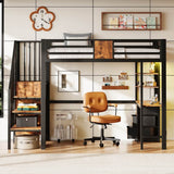 3ft Single Metal Loft Bed with LED Lights - High Sleeper Bed Frame with Built-In Desk, Charging Station, Pull-Out Fabric Storage Bins and Large Under-Bed Space, Black and Dark Walnut