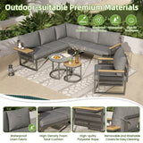 5-6 Seater Rope Woven Garden Furniture Set - Corner Sofa with Armchair and Nesting Coffee Tables, Grey