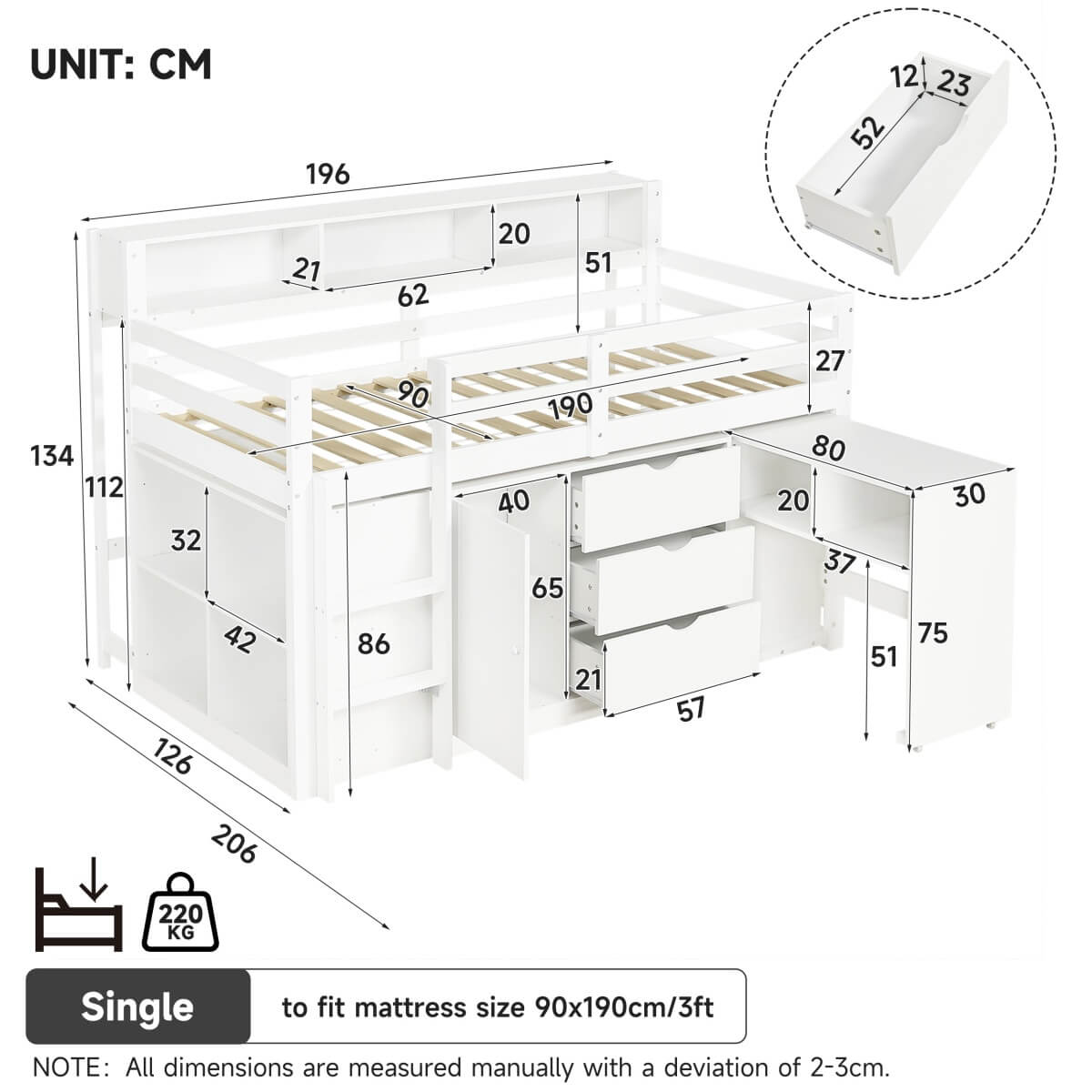 3ft Single Wooden Storage Bed - Space Saving Bed Frame with Pull-Out Desk, Drawers & Headboard Shelves, White