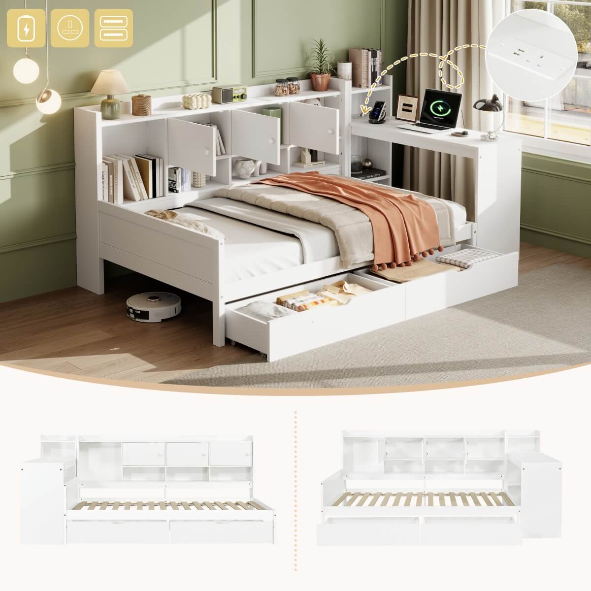 3ft Single Daybed with Storage Drawers & Bookcase – White Wooden Bed Frame with Desk and Charging Station