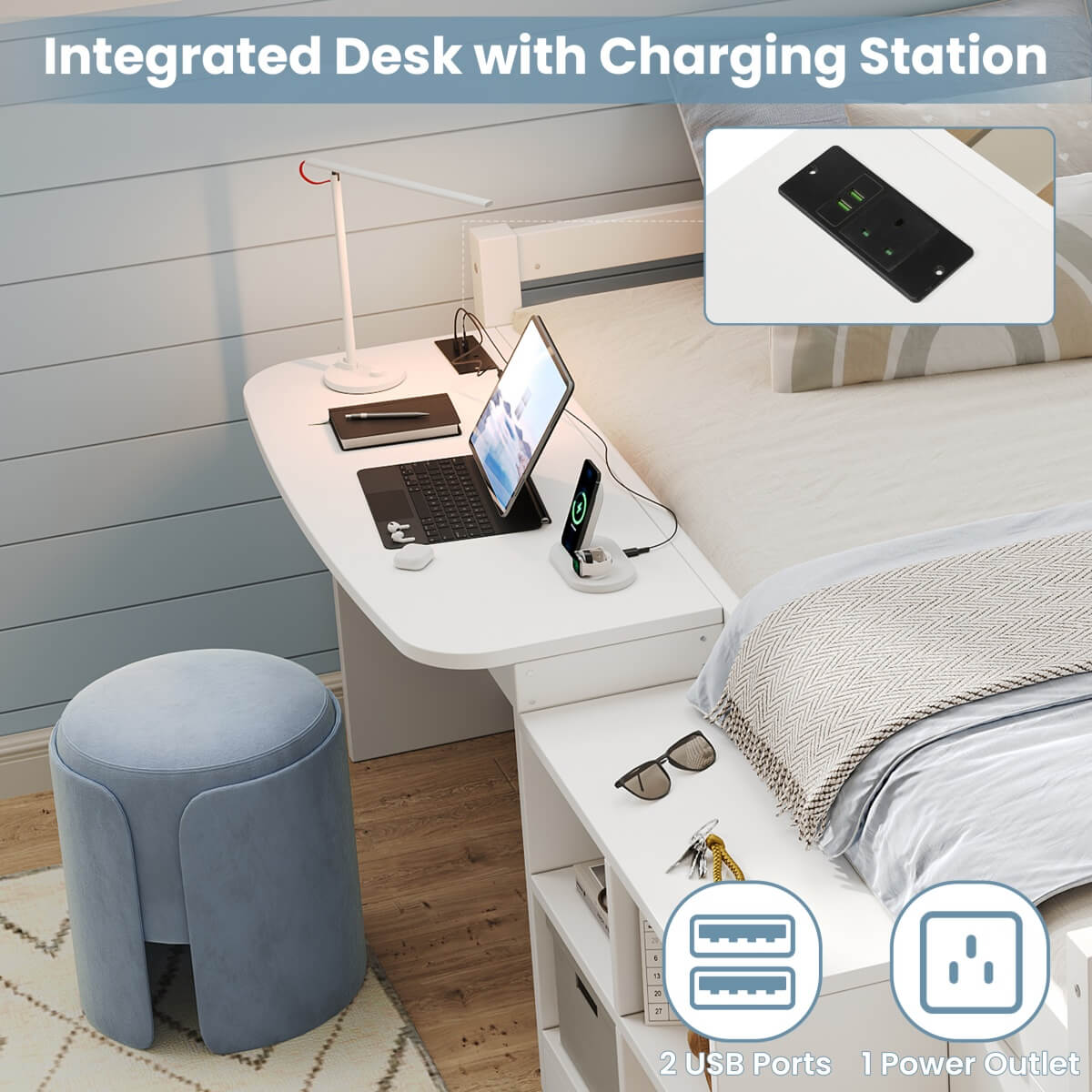 3ft Single Wooden Bed Frame with Storage - Modern Bed with Built-In Desk, Storage Compartments and USB and Type-C Charging Station, White