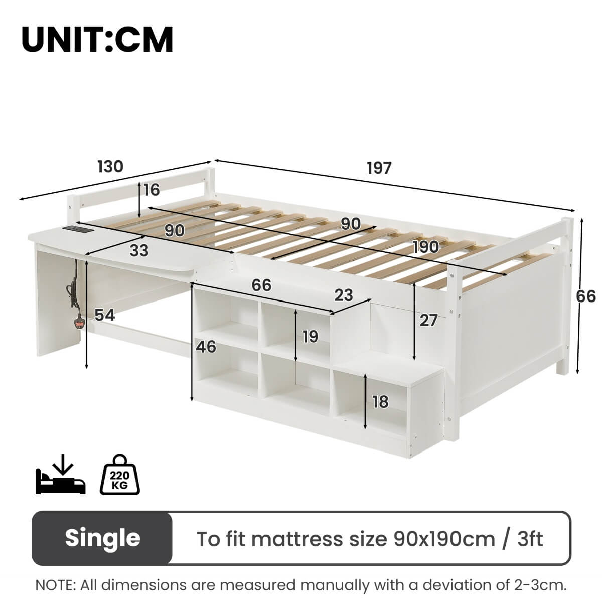 3ft Single Wooden Bed Frame with Storage - Modern Bed with Built-In Desk, Storage Compartments and USB and Type-C Charging Station, White