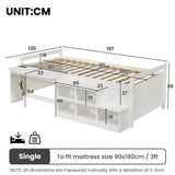 3ft Single Wooden Bed Frame with Storage - Modern Bed with Built-In Desk, Storage Compartments and USB and Type-C Charging Station, White