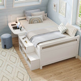 3ft Single Wooden Bed Frame with Storage - Modern Bed with Built-In Desk, Storage Compartments and USB and Type-C Charging Station, White