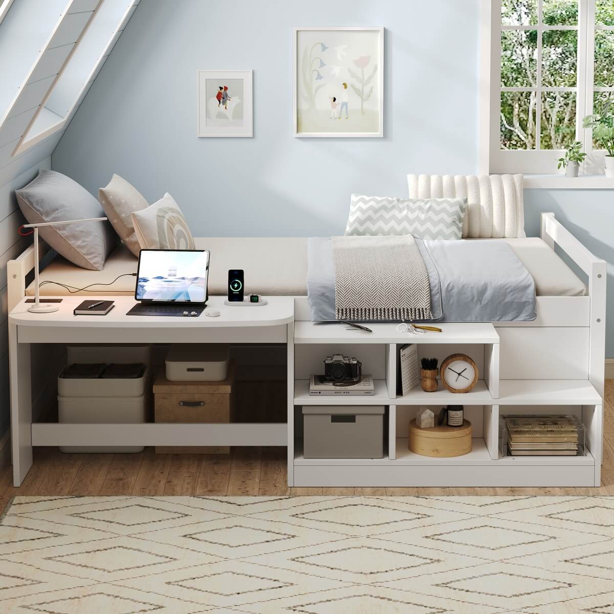3ft Single Wooden Bed Frame with Storage - Modern Bed with Built-In Desk, Storage Compartments and USB and Type-C Charging Station, White