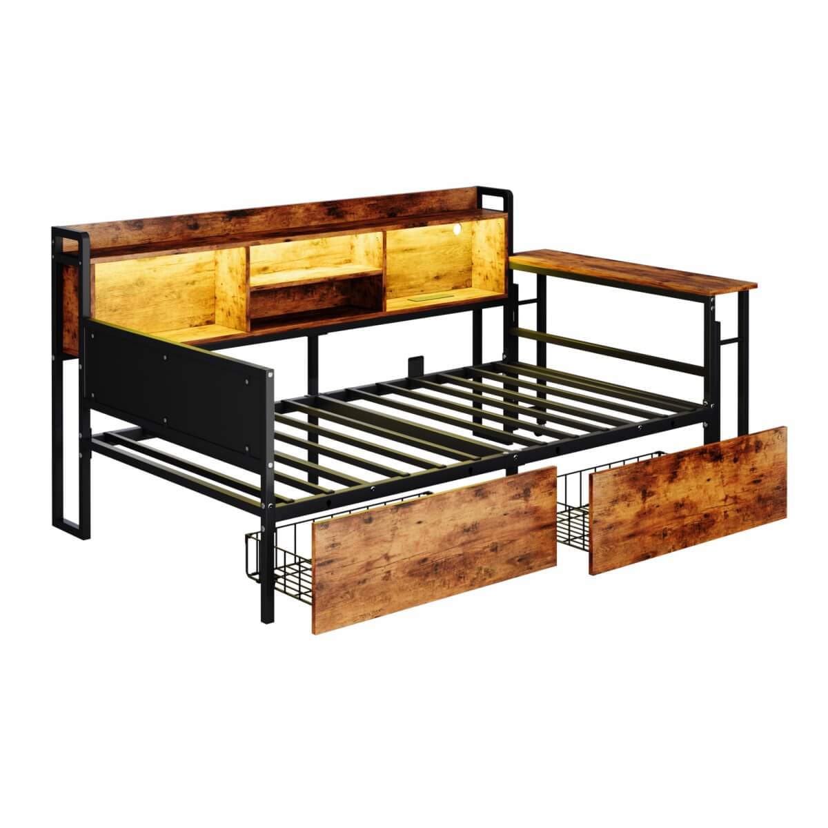 3ft Single Metal Bed Frame with Storage Drawers and Bookcase - L-Shaped Storage Bed with LED Lights, Charging Station, Linen Headboard and Folding Tabletop, Black and Dark Walnut