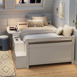 3ft Single Wooden Bed Frame with Storage - Modern Bed with Built-In Desk, Storage Compartments and USB and Type-C Charging Station, White