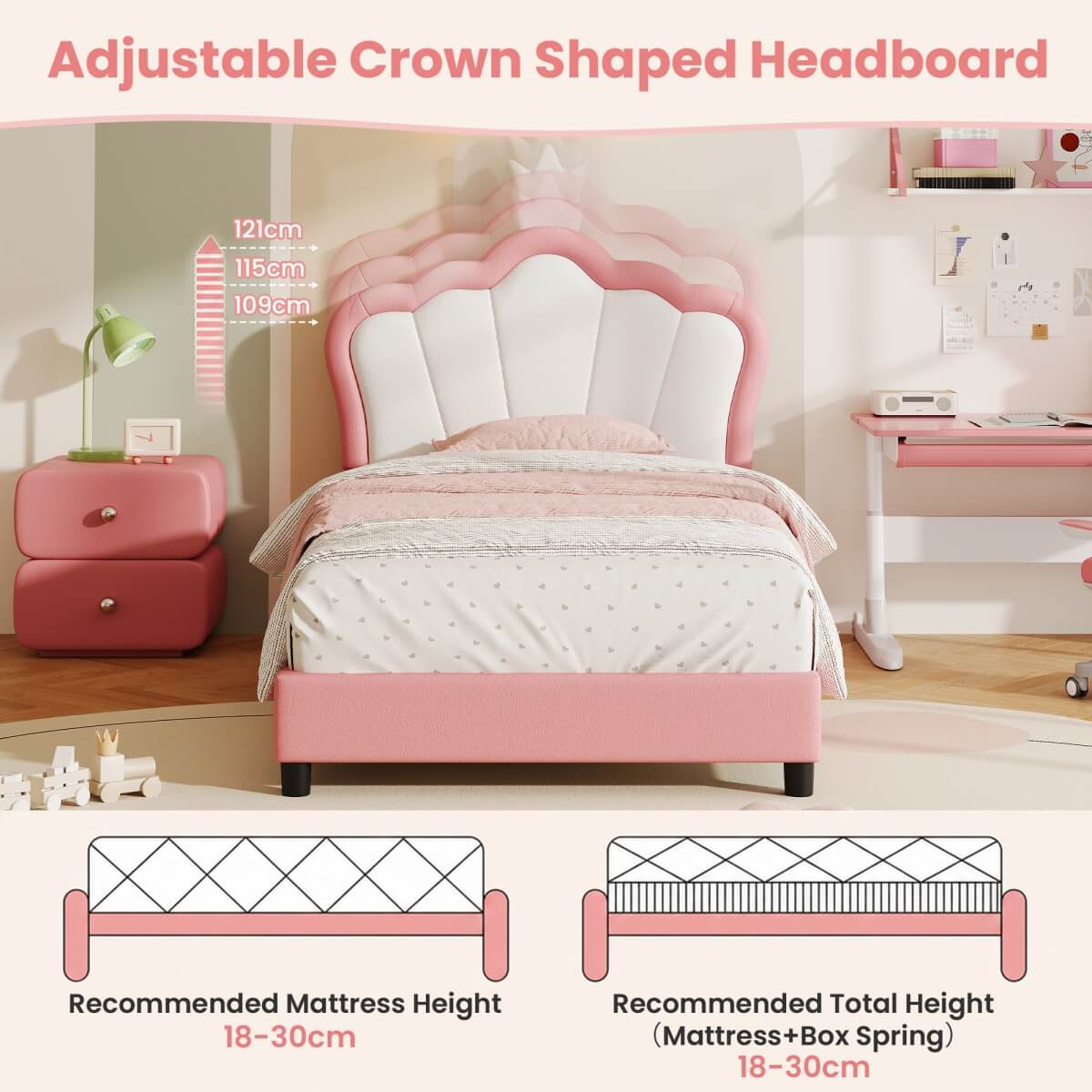 3ft Single Upholstered Bed Frame with Adjustable Crown Headboard - PU Platform Bed with Sturdy Support, No Box Spring Required, Pink and White