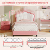 3ft Single Upholstered Bed Frame with Adjustable Crown Headboard - PU Platform Bed with Sturdy Support, No Box Spring Required, Pink and White