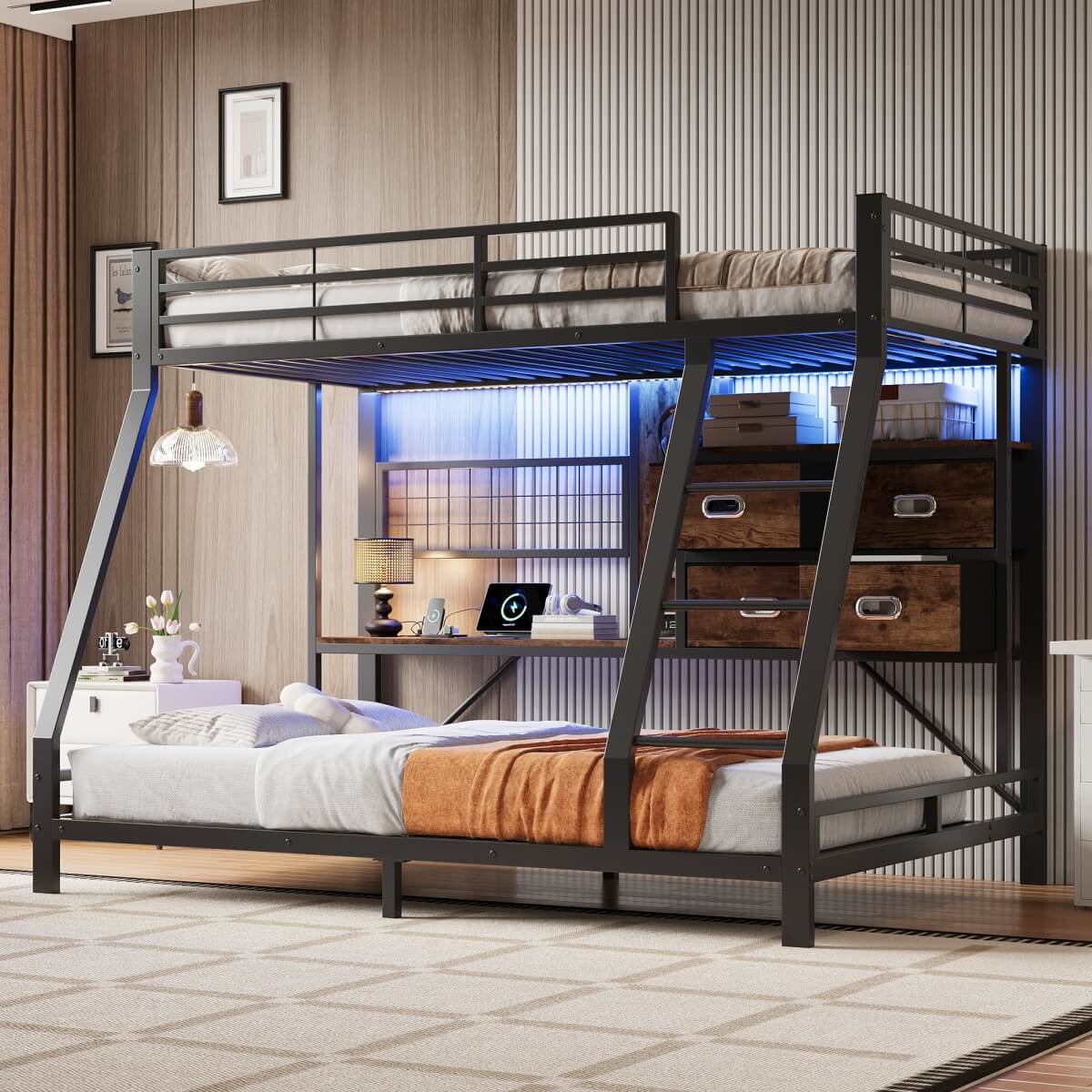 3ft Single over Single Metal Bunk Bed with Desk - RGB LED Lights, Charging Station, Grid Wall Panel, Fabric Storage Bins and Ladder, Black and Dark Walnut