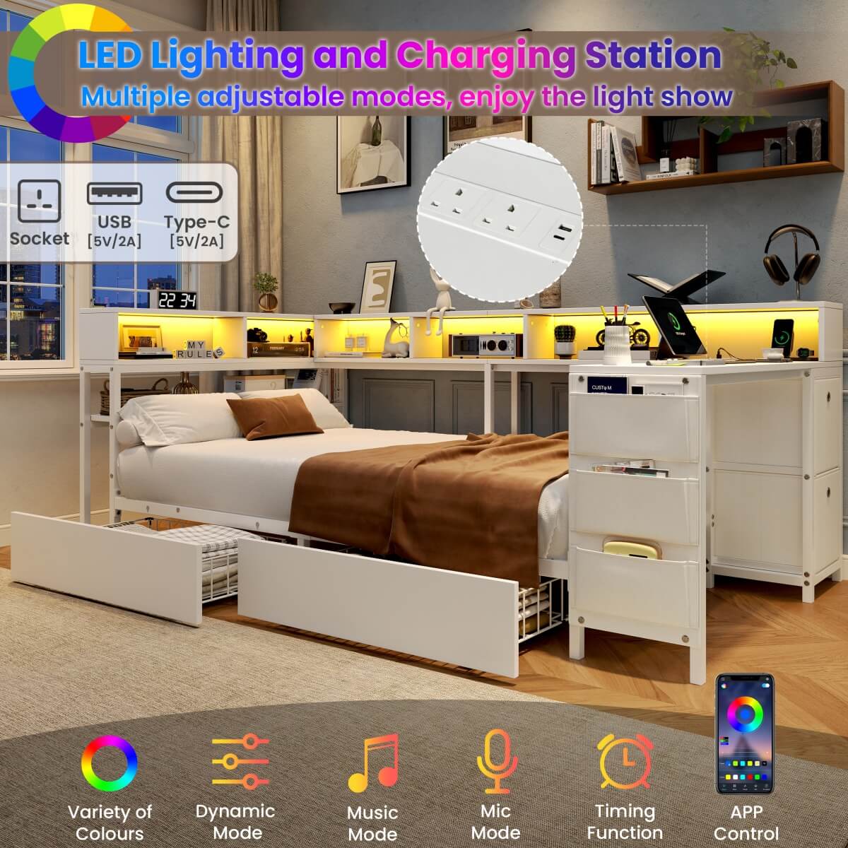 3ft Single Metal Bed Frame with Storage Drawers - LED Bed with Bedside Shelves, Charging Station, Built-In Desk and Fabric Storage Bin, White