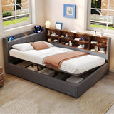 4ft6 Double Ottoman Bed Frame with Hydraulic Storage - Upholstered Linen Bed with LED Headboard, Charging Station, Bedside Shelves and Storage Compartments, Grey