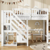 3ft Single Wooden Loft Bed - Storage Staircase with Open Compartments, Under-Bed Space and Full-Length Safety Guard Rails, White