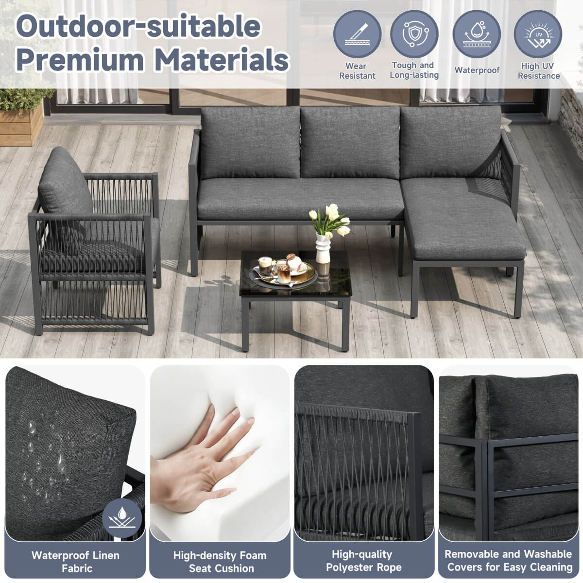 4-5 Seater Garden Sofa Set - Outdoor Patio Corner Furniture with Tempered Glass Coffee Table