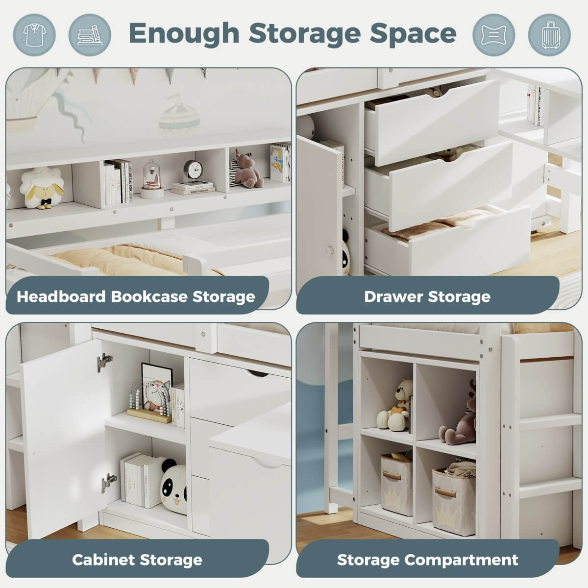 3ft Single Wooden Storage Bed - Space Saving Bed Frame with Pull-Out Desk, Drawers & Headboard Shelves, White