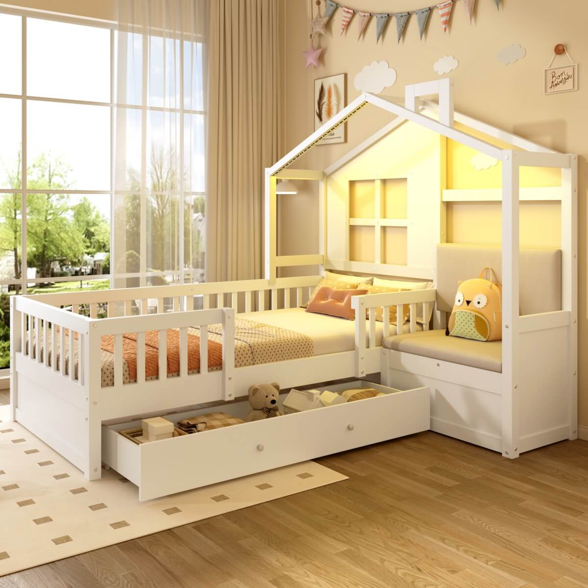 3ft Single Wooden House Bed - Upholstered Linen Headboard, Large Storage Drawer, RGB LED Lights and Safety Guard Rail, White