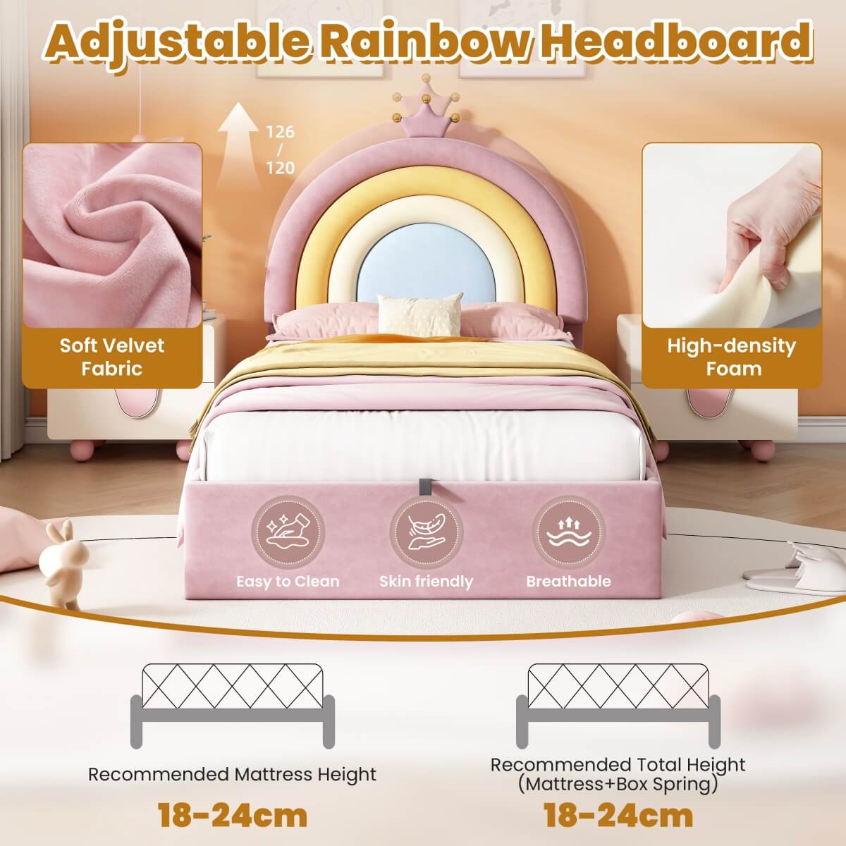 3ft Single Upholstered Storage Bed - Velvet Hydraulic Bed Frame with Rainbow Crown Headboard, Pink