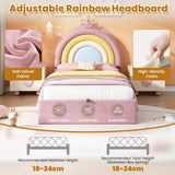 3ft Single Upholstered Storage Bed - Velvet Hydraulic Bed Frame with Rainbow Crown Headboard, Pink